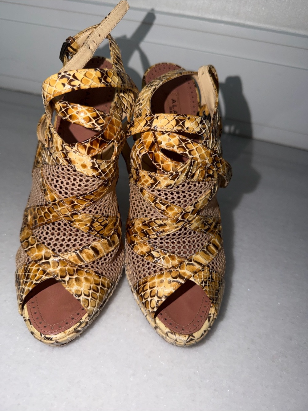 Alaia Yellow Snake-Print Woven Slingback Sandals
